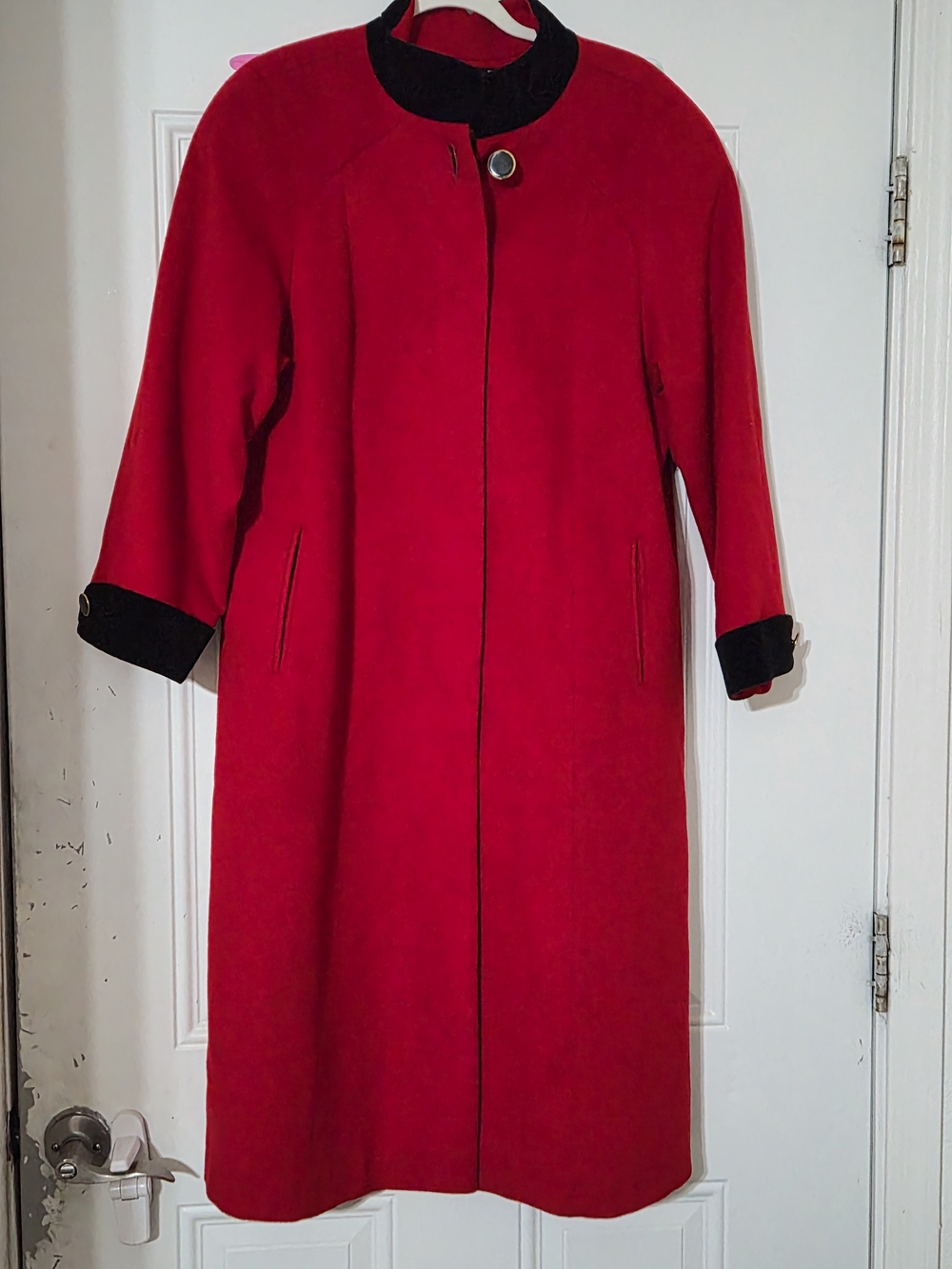 Classic Red Long Trench Coat with Contrast Trim
